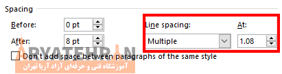 در مرحله اول مقدار Line spacing را بر روی گزنه single قرار دهید. 