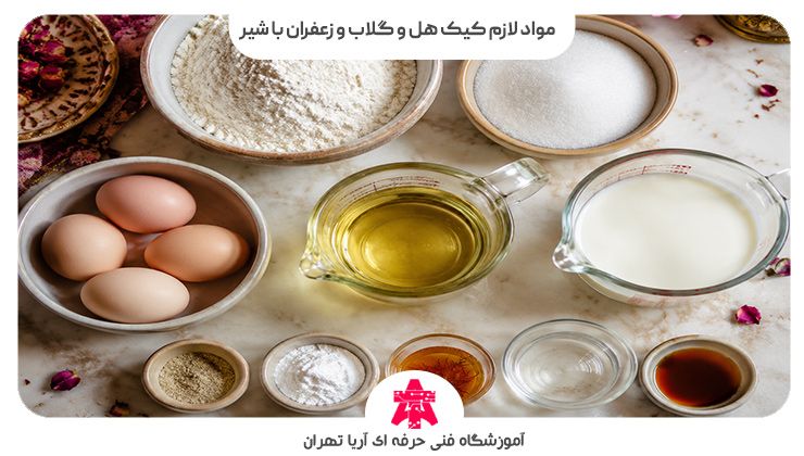 مواد لازم کیک هل و گلاب و زعفران با شیر
