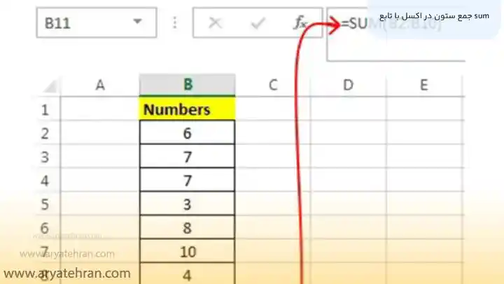 جمع ستون در اکسل با تابع sum