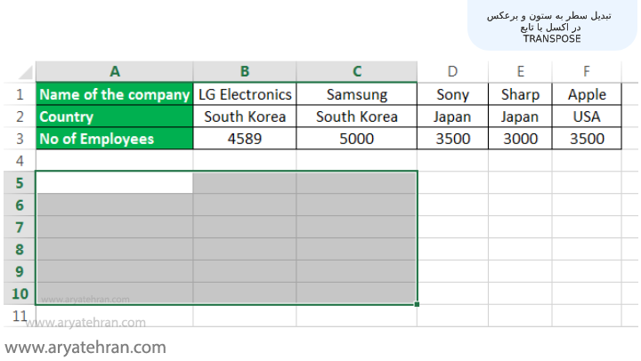 تبدیل سطر به ستون و برعکس در اکسل با تابع TRANSPOSE
