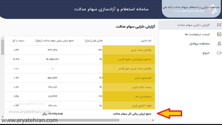 مشاهده دارایی و استعلام سهام عدالت با کد ملی
