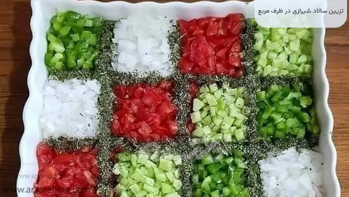 تزیین سالاد شیرازی در ظرف مربع