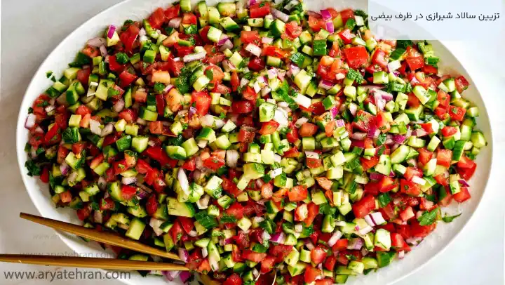تزیین سالاد شیرازی در ظرف بیضی