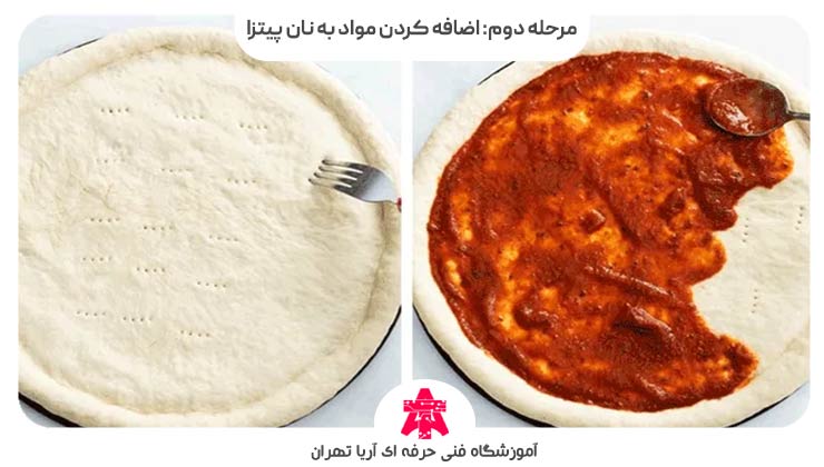 مرحله دوم: اضافه کردن مواد به نان پیتزا