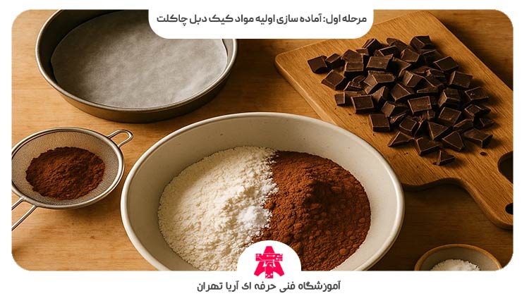 مرحله اول: آماده سازی اولیه مواد کیک دبل چاکلت