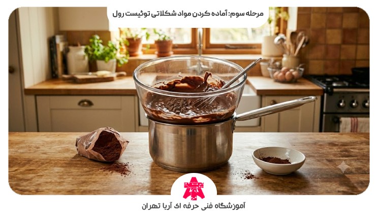 مرحله سوم: آماده کردن مواد شکلاتی توئیست رول