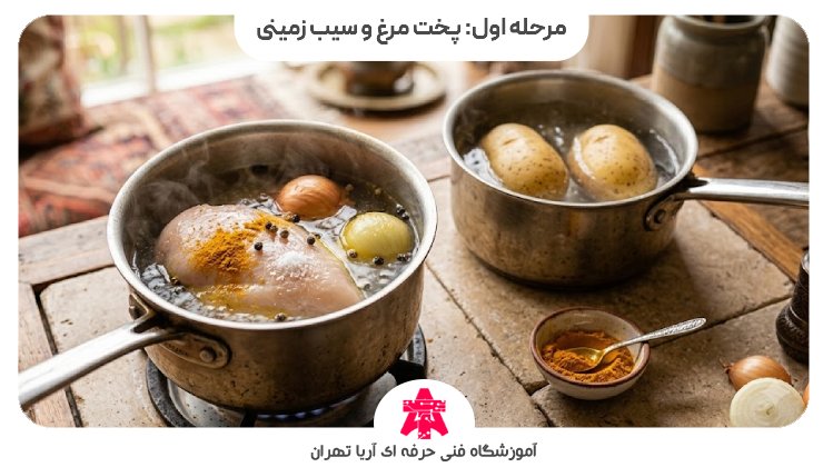 مرحله اول: پخت مرغ و سیب زمینی