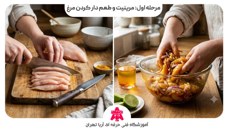 مرحله اول: مرینیت و طعم دار کردن مرغ
