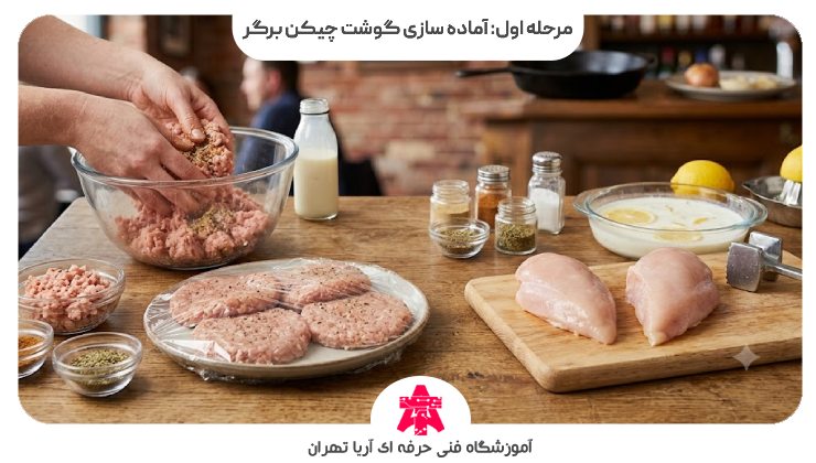 مرحله اول: آماده سازی گوشت چیکن برگر