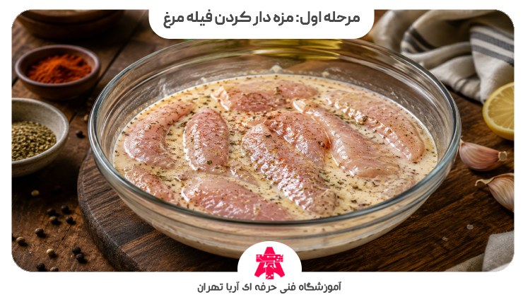 مرحله اول: مزه دار کردن فیله مرغ