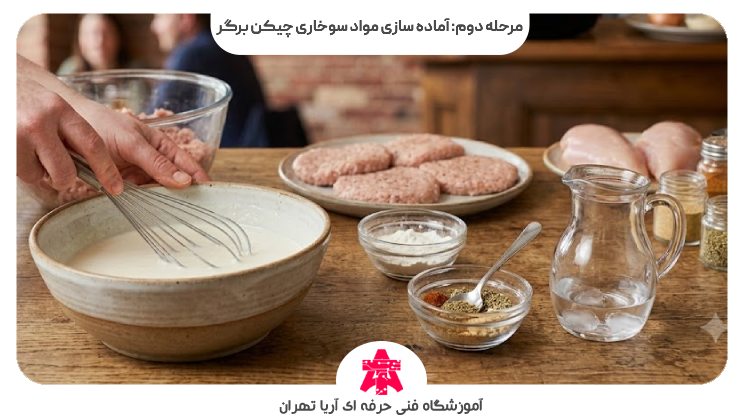 مرحله دوم: آماده سازی مواد سوخاری چیکن برگر