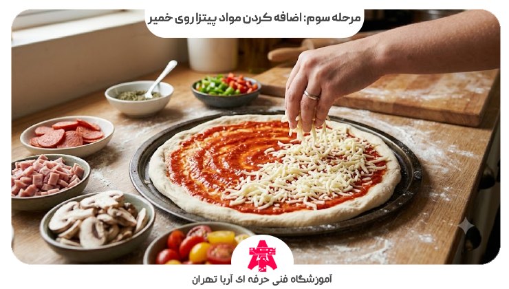 مرحله سوم: اضافه کردن مواد پیتزا روی خمیر