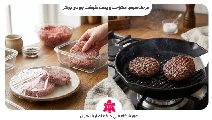 مرحله سوم: استراحت و پخت گوشت جوسی برگر