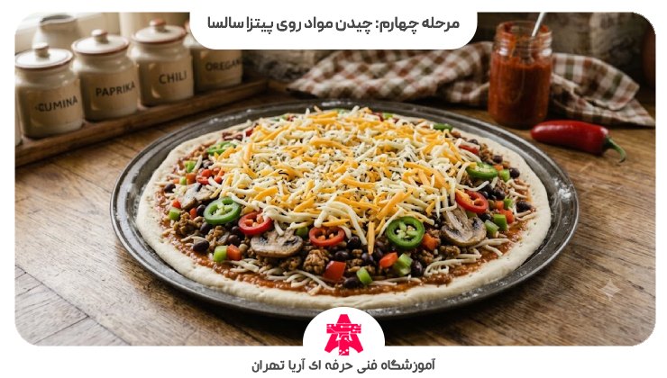 مرحله چهارم: چیدن مواد روی پیتزا سالسا