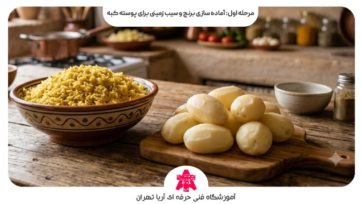 مرحله اول: آماده سازی برنج و سیب زمینی برای پوسته کبه