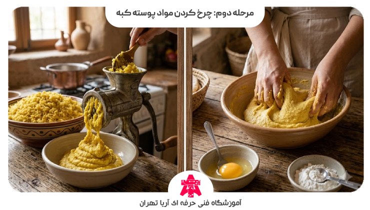 مرحله دوم: چرخ کردن مواد پوسته کبه